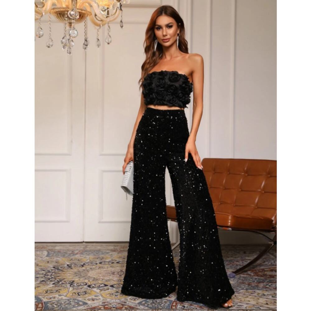 FAERIESTY Black Sequin Wide leg Pants Black Party Formal Sz L